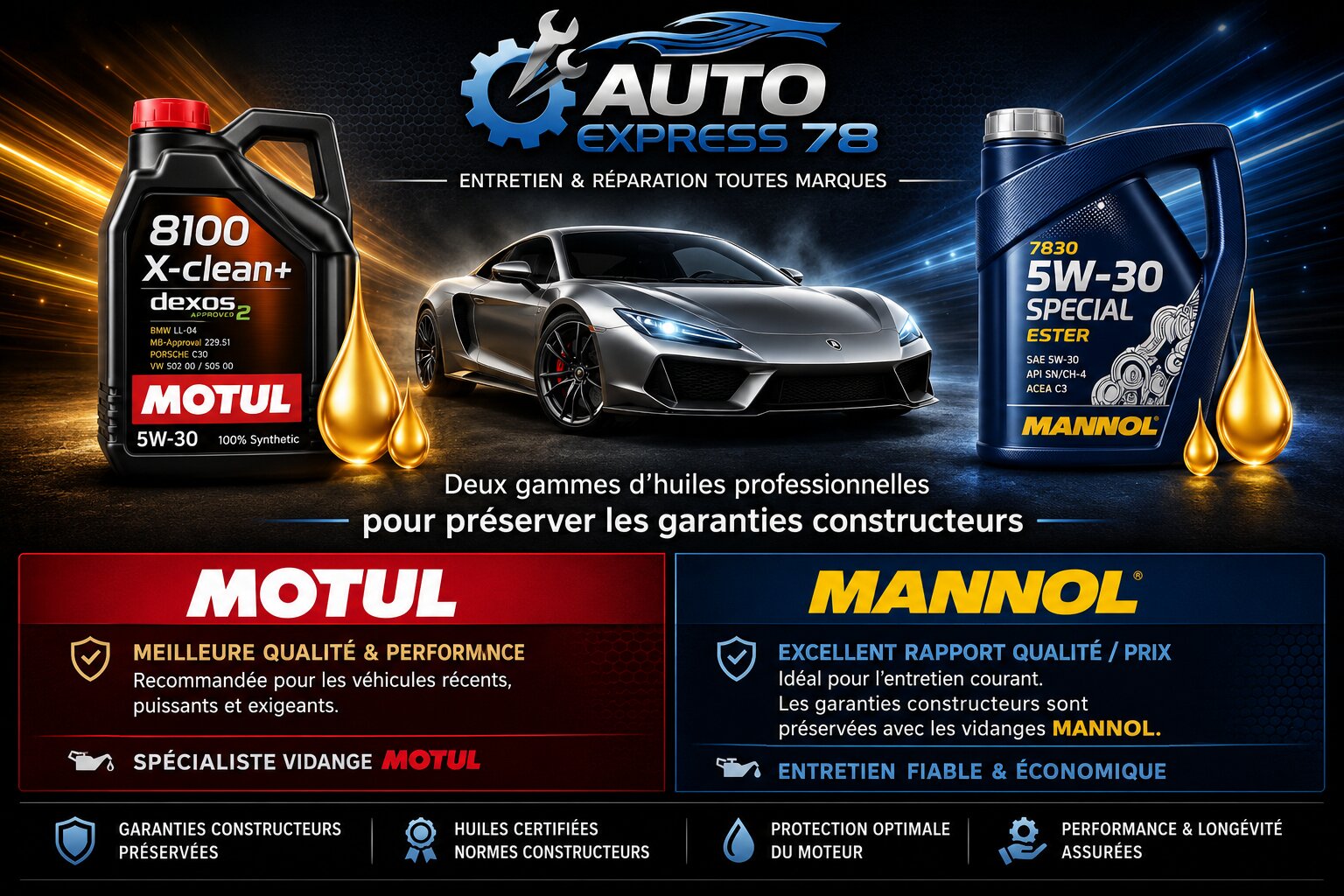 Auto Express 78 — partenaire MOTUL et MANNOL, garanties constructeurs préservées